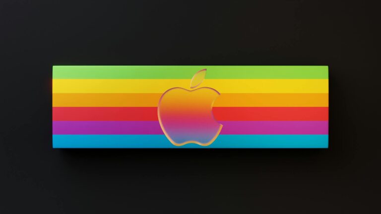 Vibrant Apple logo amidst rainbow stripes on a dark backdrop.